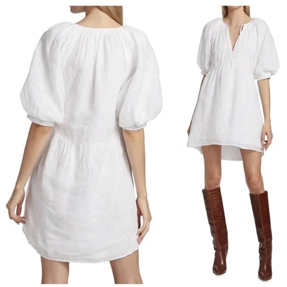 FRAME White Eyelet Puff Sleeve Mini dress Size Medium - Picture 3 of 9